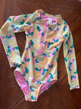 Cat & Jack Yellow Long-Sleeve One-Piece Swimsuit with Lemon Leaf Print